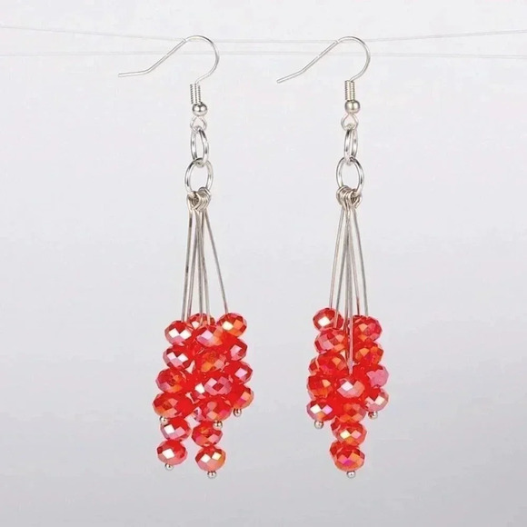 Faceted Red Austrian Crystal Multi Stacked Rondelle Drops Long Earrings - Picture 1 of 1
